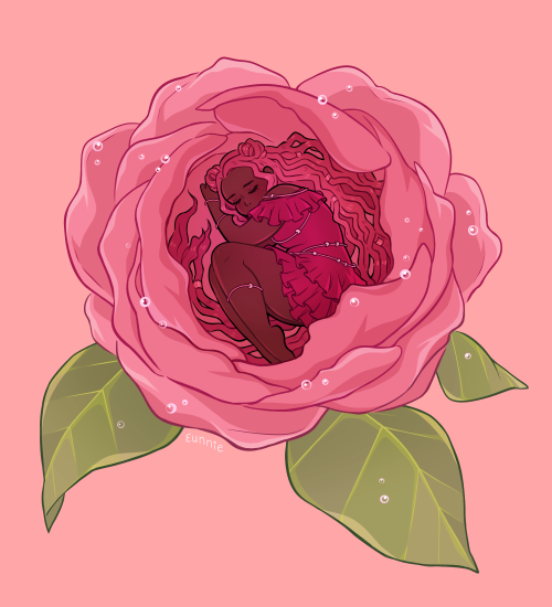 theatricuddles:eunnieboo:thumbelina ✨ [ID: Art of Thumbelina sleeping in a flower. Thumbelina is a b