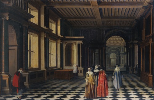 Figures in a classic colonnaded gallery by Monogrammist PW and Willem Cornelisz. Duyster, 1632