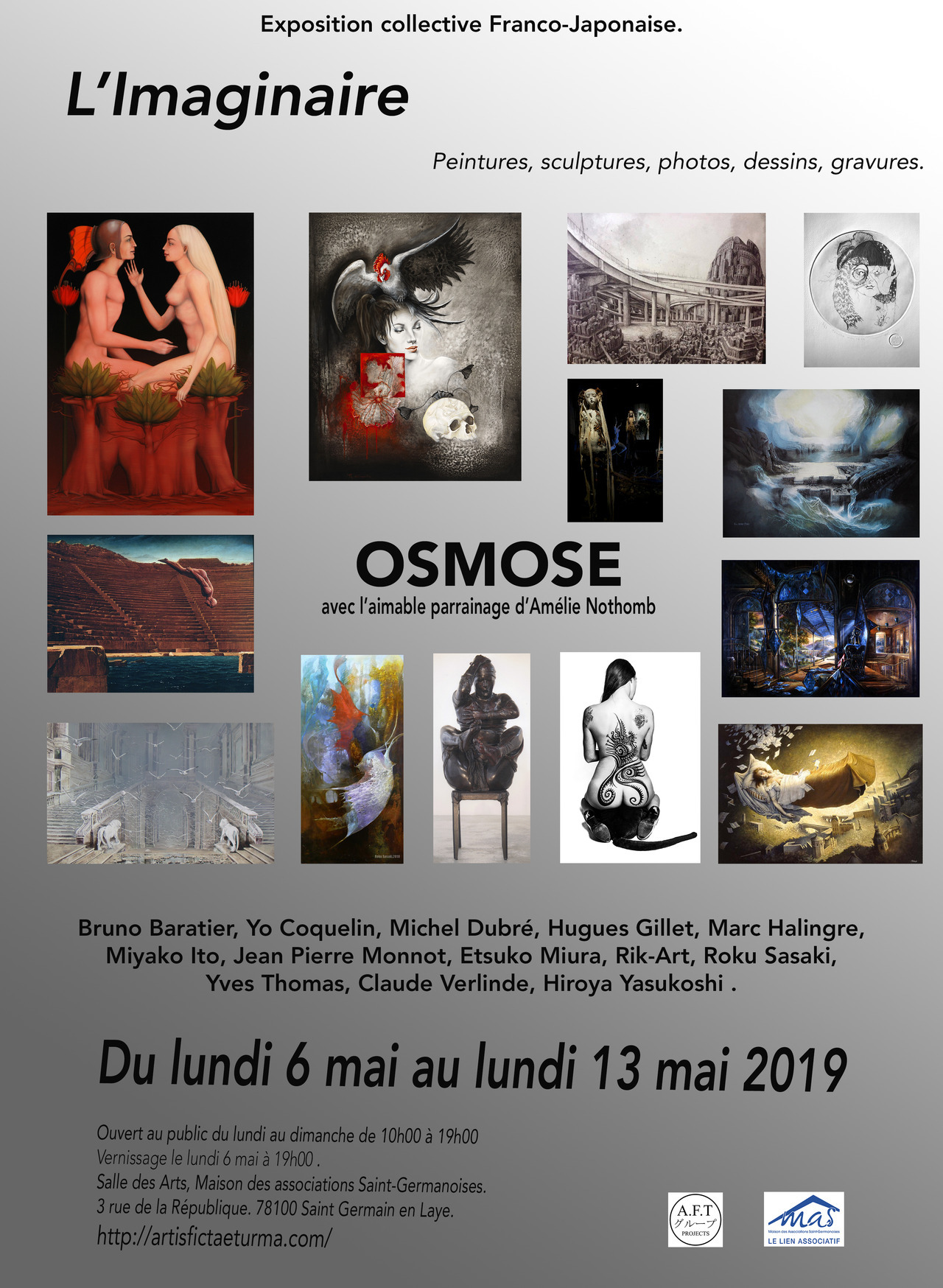 huguesgillet:
“ L’Imaginaire Exposition collective Franco-Japonaise.
L’OSMOSE ,avec l’aimable parrainage d’Amélie Nothomb
Peintures, sculptures, photos,dessins, gravures.
Bruno Baratier,Yo Coquelin, Michel Dubré , Hugues Gillet, Marc Halingre, Miyako...