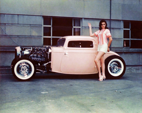 Little Deuce Coupe / 1960’s babe and her pink 1932 Ford Model B 3-window coupe hot rod.