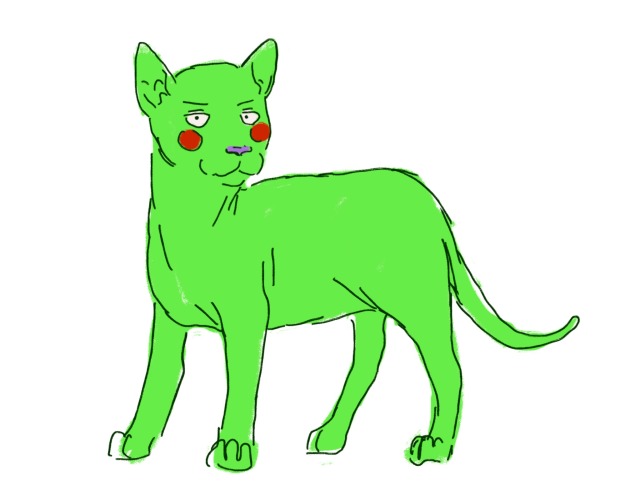 ekubo as a cat, drawn much better than the others. he's basically a normal hairless cat but also neon green and with the red cheeks. his nose is also purple