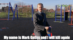 allisonmosley:  whispertoyourgrave:   I just found this, I can’t   Can you imagine just walking by a random play ground and you see mark gatiss in a suit on some little kiddy thing? That would be scary.