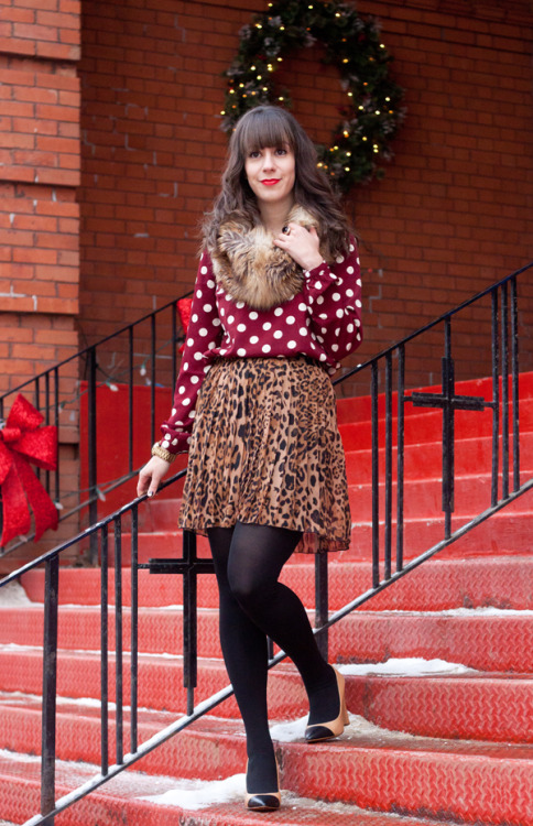 Black tights, leopard print skirt and burgundy sweater with white circle print