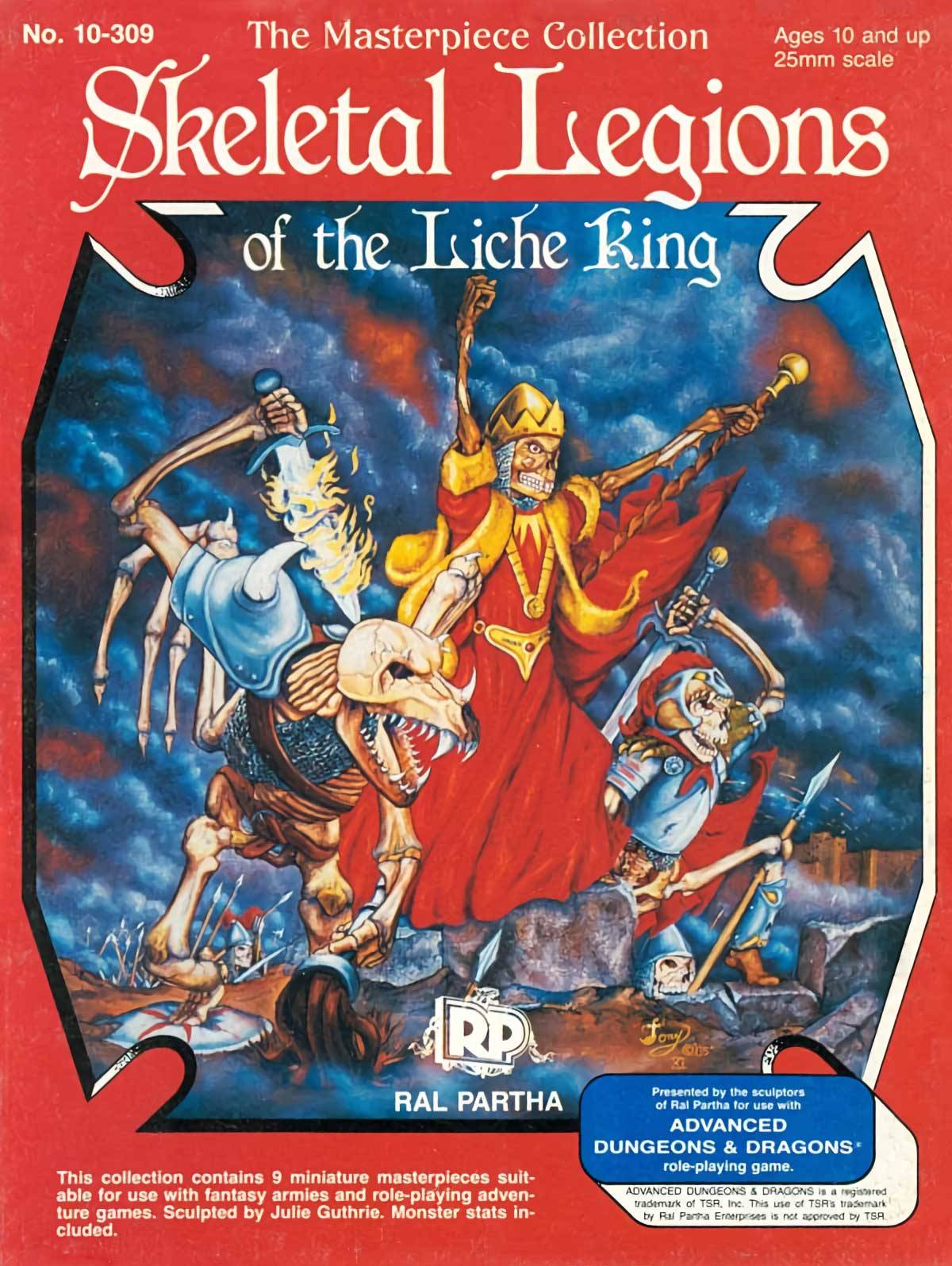 Skeletal Legions of the Liche King, Tony Orzech box art for Ral Partha’s 1985 Masterpiece Collection box set of miniatures sculpted by Julie Guthrie