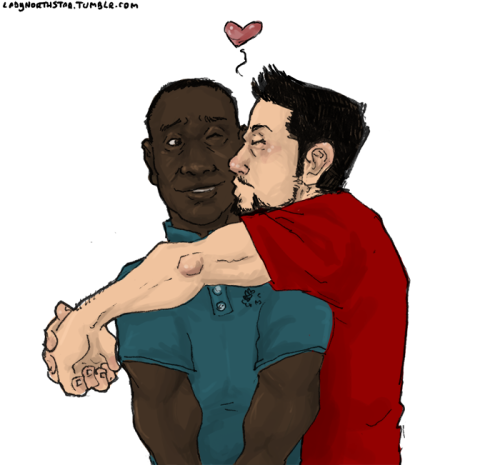 thingsfortwwings:  [Image: Tony Stark kissing James Rhodes’ cheek and saying “heart;” Rhodey is smiling at Tony.]  ladynorthstar:  they are just the cutest sweetest couple of heavily armored dorks there is~ 