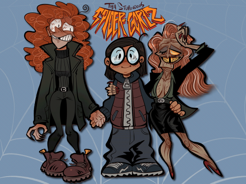 tempural:Full color character sheet of my spider gorlz: Harriet, Piper, and thotty milve Norma.&nb