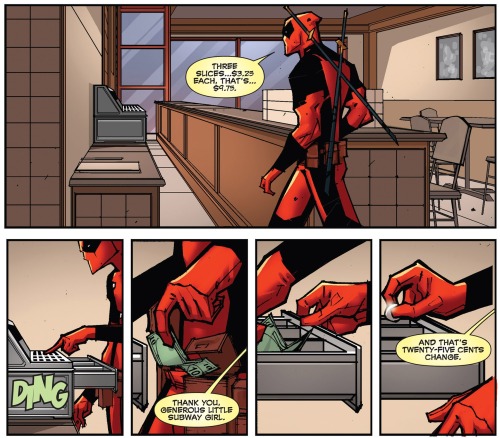 ravendorkholme:  marcelines-pet:  of-castles-and-converses:  itsdeepforhappypeople:  Awwwwwww cutie  that awkward moment when deadpool is a better person than you because you would have just stole the pizza and not given a fuck  dead pool isn’t really