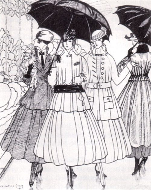 “It’s still raining”, fashion plate from La Gazette du Bon Ton showing (left to ri