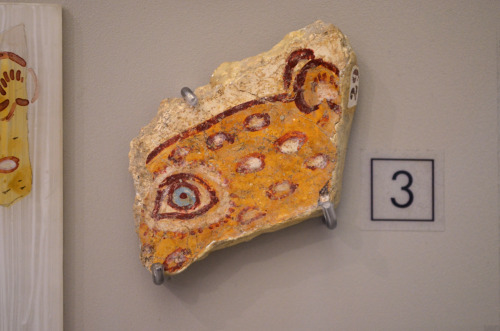 greek-museums:Archaeological Museum of Heraklion:Two fresco fragments depicting crocus clumps in a m