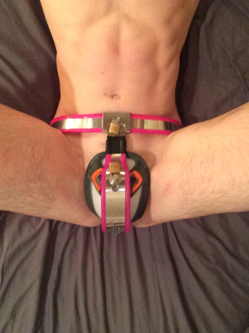 ohmurrr:  This is something I’ve always wanted to try… I modified an athletic cup to fit over the tube of my chastity belt and be locked onto me… I like the way it keeps my balls pressed up against my body. Not really practical for every day wear,