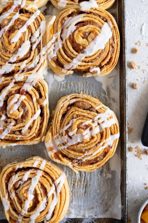 fullcravings:  Laminated Brioche Cinnamon Buns with Peach Compote and Brown Butter Streusel