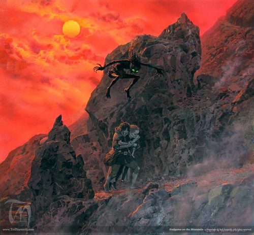 stoneofthehapless:Endgame on the Mountain; art by Ted NasmithAgain he lifted Frodo and drew his hand