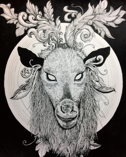 Getting there. #ink #goat #acanthus #psychedelic #beard #horns #fountainpen