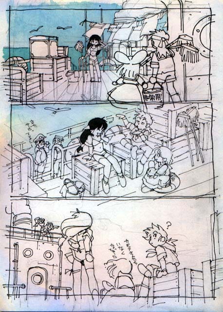 Mid-Term concept art for “Grandia” showing story scenes. Justin and Sue meet Feena for the first tim