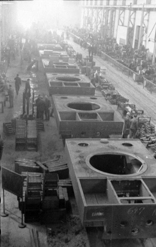 thebeautyandthehorror:  PzKpfw VI Tiger I heavy tanks being built in a factory in