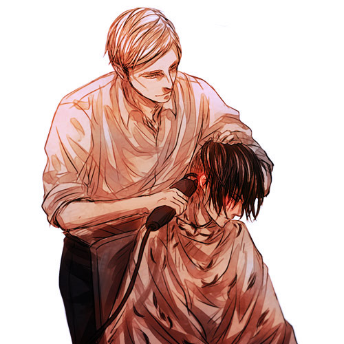 nashina:  until backstory proves otherwise, this is my headcanon Levi had long-ish hair when he roamed the streets, and after he fell in love decided to officially join the Scouting Legion, he asked Erwin to cut him a similar hairstyle he hasn’t yet
