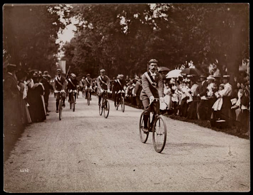vintageeveryday: Pictures of uniformed bicyclists in a parade along a bicycle path in Coney Island, 