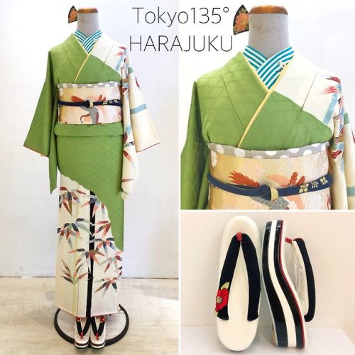 Houmongi kimono with a fresh bamboo pattern, paired with auspicious oshidori (mandarin duck) obi, an