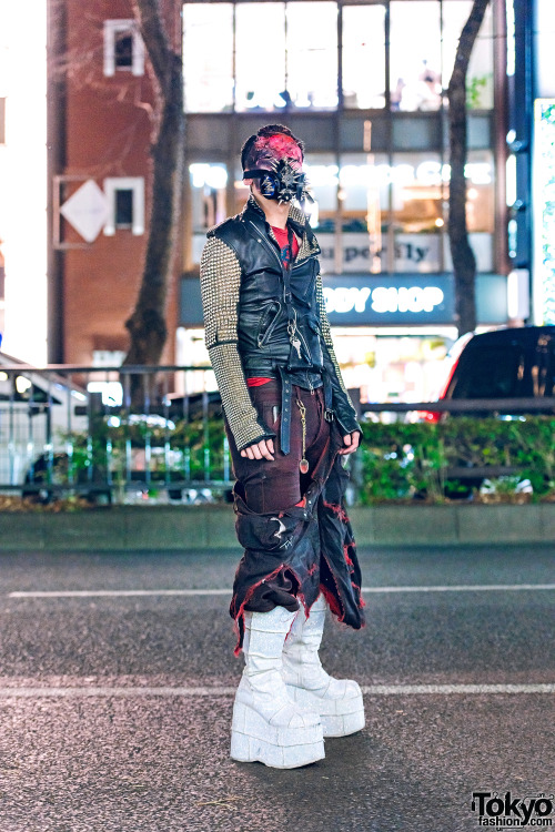 Japanese fashion designer TKM Freedom on the street in Harajuku wearing a Zac Vargas studded leather