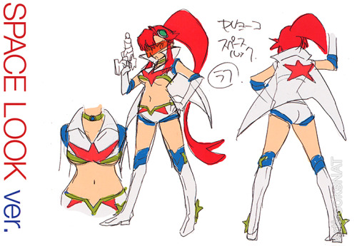 grimphantom:  artbooksnat:  Yoko had seven wardrobe changes (not including her original costume) in the 5-minute Tengen Toppa Gurren Lagann (天元突破グレンラガン) S.t.a.r.S. music video. Character designer Atsushi Nishigori (錦織敦史) created