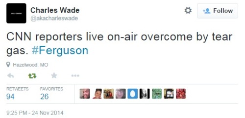 iwriteaboutfeminism:  Police use tear gas on protesters in Ferguson. Monday, November 24th
