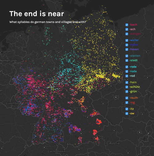 mapsontheweb:Suffixes of German towns and villagesInteractive map >>Suffixes of French city na