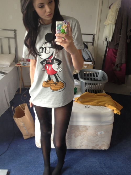 fansofpantyhose:Just a Mickey Mouse t-shirt and black #pantyhose #FOP