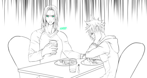 boomchickfanfiction:[image description: Sephiroth and Cloud are seated across a table from each othe