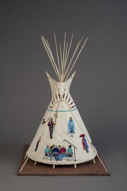 Look closely at this beaded tipi. How would you describe the people represented on this object? What