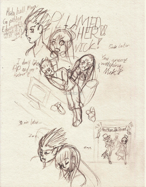 juricha-art: My old art. Some dumb doodles featuring NaruMayo watching Plumed Punisher, two old lawy