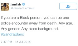 imparziale:  reverseracist:  offiicialbeyonceknowles:  lavendaring:  odinsblog:  Sandra Bland was stopped Friday by authorities in Waller County, Texas for a traffic violation. In a video of her arrest, while being forcibly held face down, Ms. Bland can