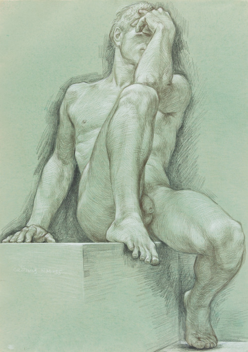 ganymedesrocks:  Paul Cadmus (1904 - 1999), Male Nude (NM 155), Prisma-color crayons on gray Strathmore toned with acrylic. Signed and inscribed “NM 155” in white crayon, lower left recto, 1979.  Provenance: The   Leslie-Lohman Gay Art Foundation,