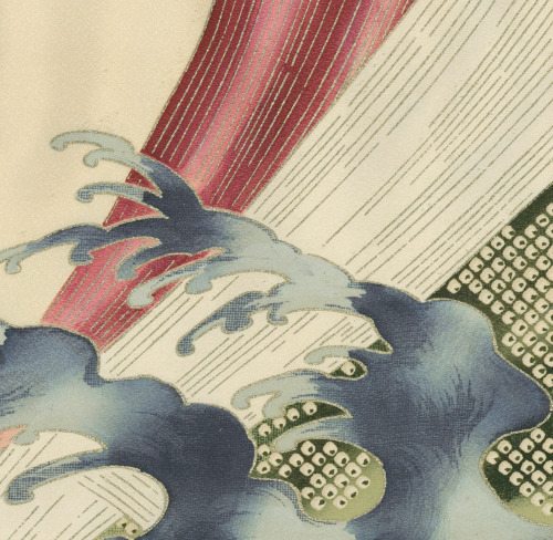 A chirimen silk kimono featuring painting and yuzen dynamic wave motifs.  Early Showa Period (1927-1