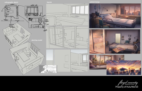 Hit Monkey ep 7 stuff - both bg paints and some of the design work i did for akiko’s hospital room w