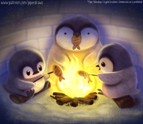 cryptid-creations:#2924. Penguin Campfire - Illustration Prints up in my store: www.cryptidc
