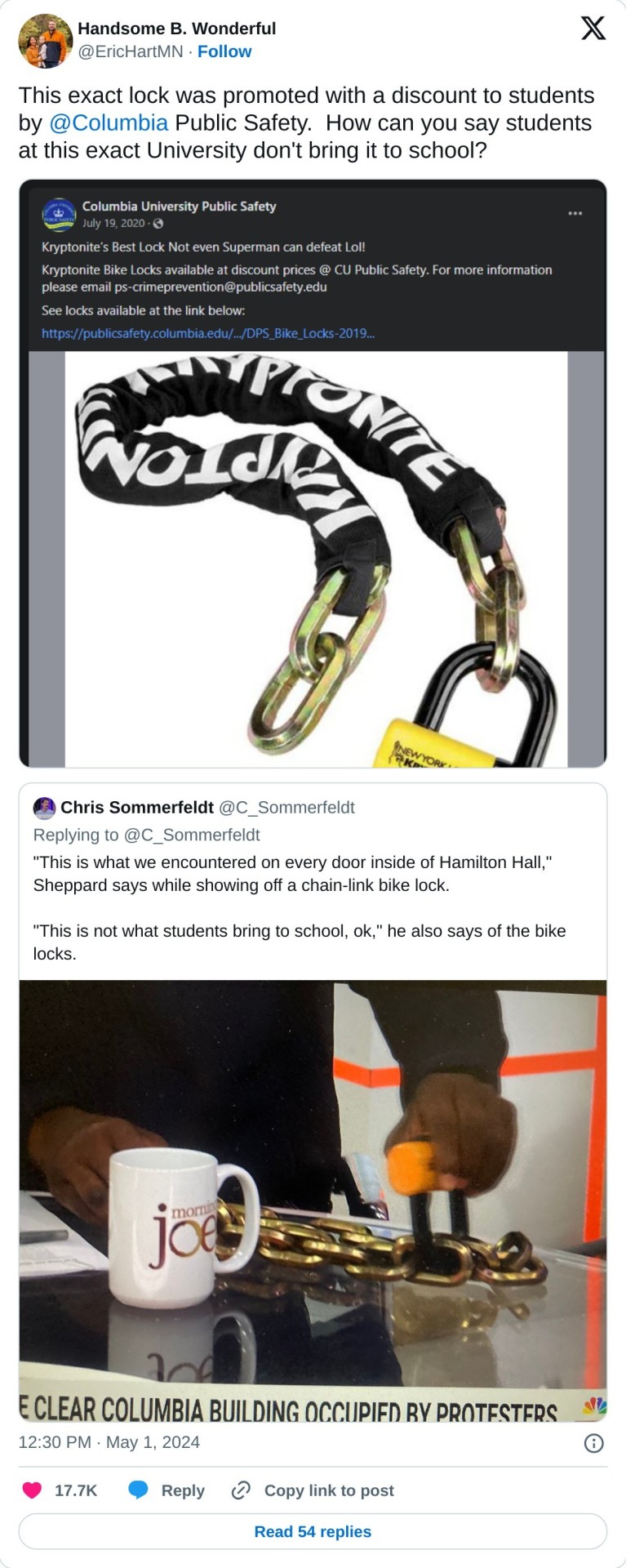 This exact lock was promoted with a discount to students by @Columbia Public Safety. How can you say students at this exact University don't bring it to school? https://t.co/S0tELxBbCH pic.twitter.com/IDXAXKnM3j  — Handsome B. Wonderful (@EricHartMN) May 1, 2024