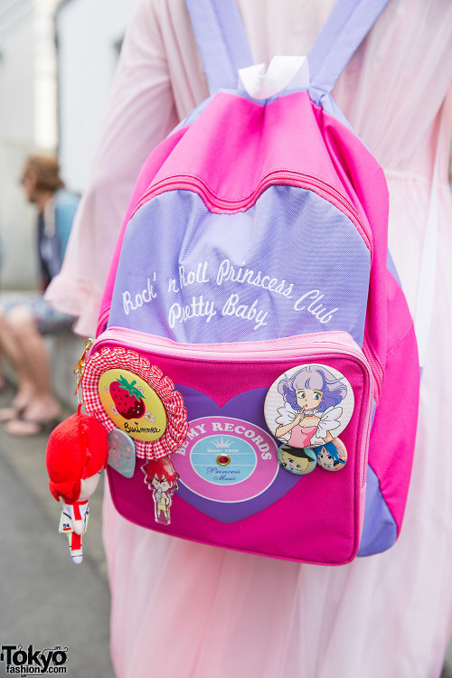 20-year-old Am on the street in Harajuku wearing sheer pastel vintage/resale fashion with items from