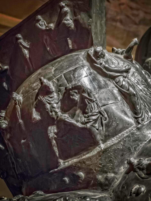 Myrmillo-style bronze gladiator helmet with bas-relief depicting scenes from the Trojan War Herculan