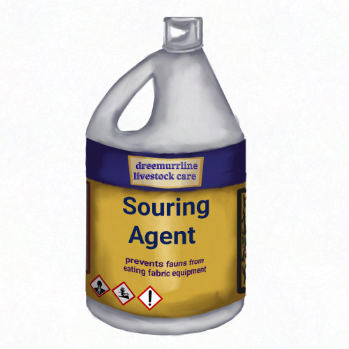 gaeilge: buideal de oibreán searabhach leis na focail "chun cuir stad ar fanas ag ithe trealamh bog"
english: a bottle of souring agent with the words "prevents fauns from eating fabric equipment"