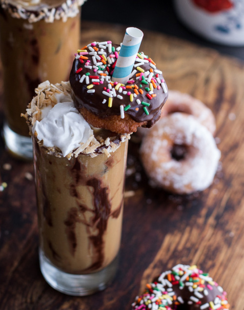 fullcravings: Coconut Iced Coffee with Mini Chocolate Glazed Coffee Doughnuts.