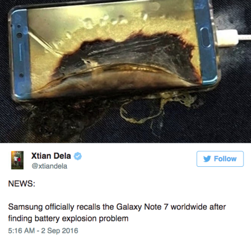 the-future-now:Samsung is recalling the Galaxy Note 7 because they’re literally blowing upToday, Sam