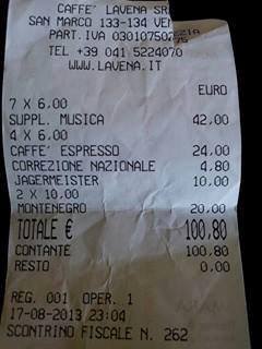 Na Bruta Banda Quattro caffè e tre amari in piazza San Marco a ‪#‎Venezia‬: 100 euro e 80 centesimi. Curiosità: l'amministratore delegato è l'assessore al commercio del comune di Venezia.