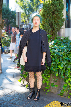 tokyo-fashion:  21-year-old Hitomi on the street in Harajuku with a short green hairstyle, a resale draped bomber jacket over an E hyphen world gallery dress, Tutuanna fishnets, and F21 shoes. Full Look