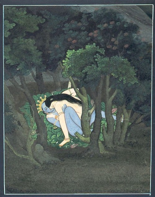 variationsforthehealingofmishka:  “this bed of lotus leaves can be touched only by lotus feet”fragment from a Gita Govinda Series dated 1775/1780guler, pahariMuseum Rietberg 