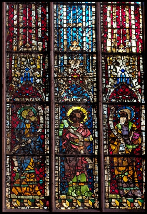 Gothic stained glass window depiction of Sts James the Less, John the Evangelist and Thomas; Cathedr