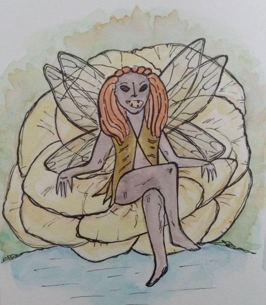 A fairy lounges on a yellow flower. They smile widely, displaying pointed teeth. Their hair falls over their shoulders in orange locs. They have eight pairs of dragonfly wings.