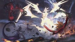 shelgon: Official artwork of Ultra Necrozma and various other Legendary