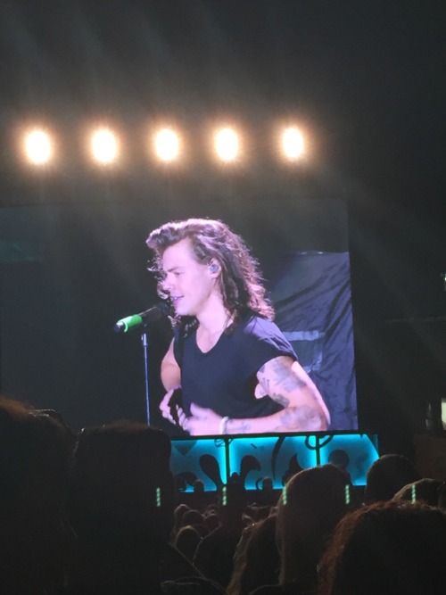 feministmaddie:  Harry making fun of a fan who was holding her boobs and readjusting herself!  08-27-15 otra Cleveland, Ohio