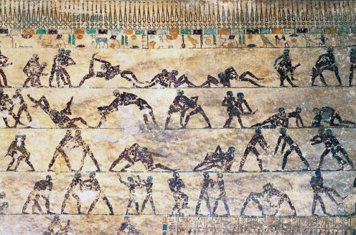 Depiction of wrestling scenesDetail of a wall painting depicting wrestling techniques, from BH15, th