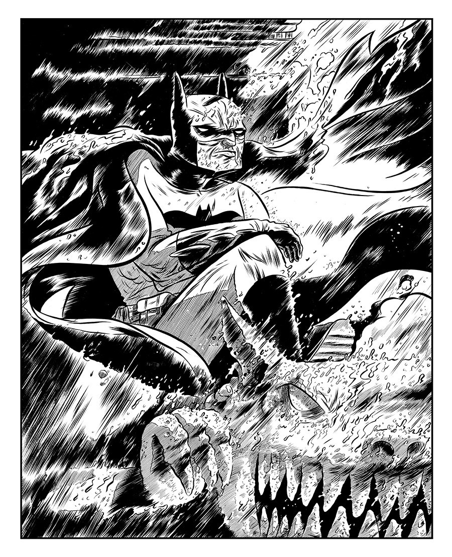 Batman piece that I did this last holiday season. I wanted to really embrace the pouring rain as well, just to add a layer of texture and motion.